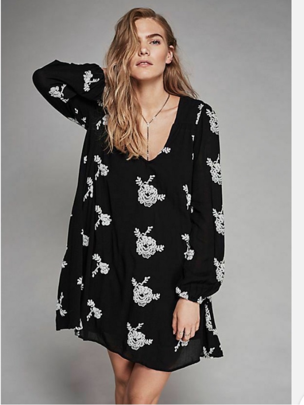 Free People Emma swing dress Black Mini Dress with White Floral Embroideryu